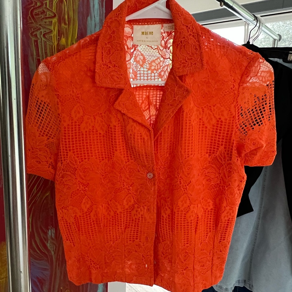 Anthropologie Orange Cropped Button Down Blouse
